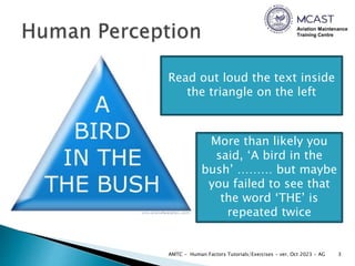 Aviation Maintenance
Training Centre
3
AMTC - Human Factors Tutorials/Exercises - ver. Oct 2023 - AG
Read out loud the text inside
the triangle on the left
More than likely you
said, ‘A bird in the
bush’ ……… but maybe
you failed to see that
the word ‘THE’ is
repeated twice
 