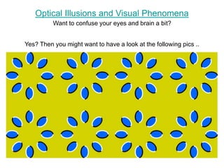 Optical Illusions and Visual Phenomena 
Want to confuse your eyes and brain a bit? 
Yes? Then you might want to have a look at the following pics .. 
 
