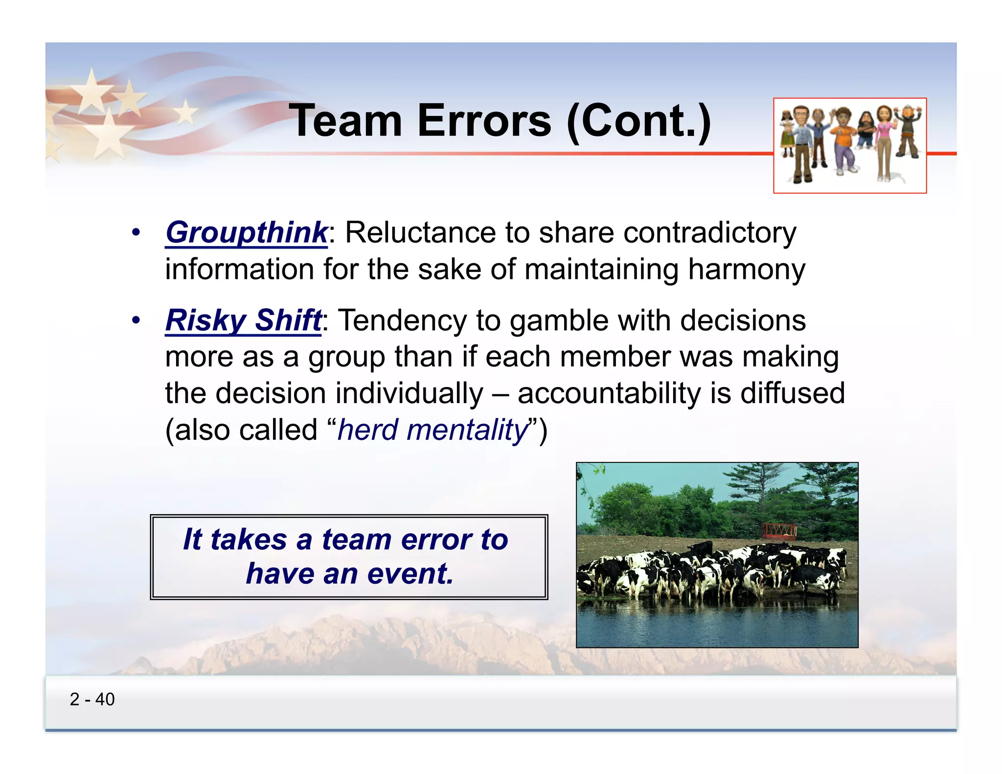 Team Errors (Cont.)

         •  Groupthink: Reluctance to share contradictory
            information for the sake of maintaining harmony
         •  Risky Shift: Tendency to gamble with decisions
            more as a group than if each member was making
            the decision individually – accountability is diffused
            (also called “herd mentality”)


             It takes a team error to
                   have an event.



2 - 40
 