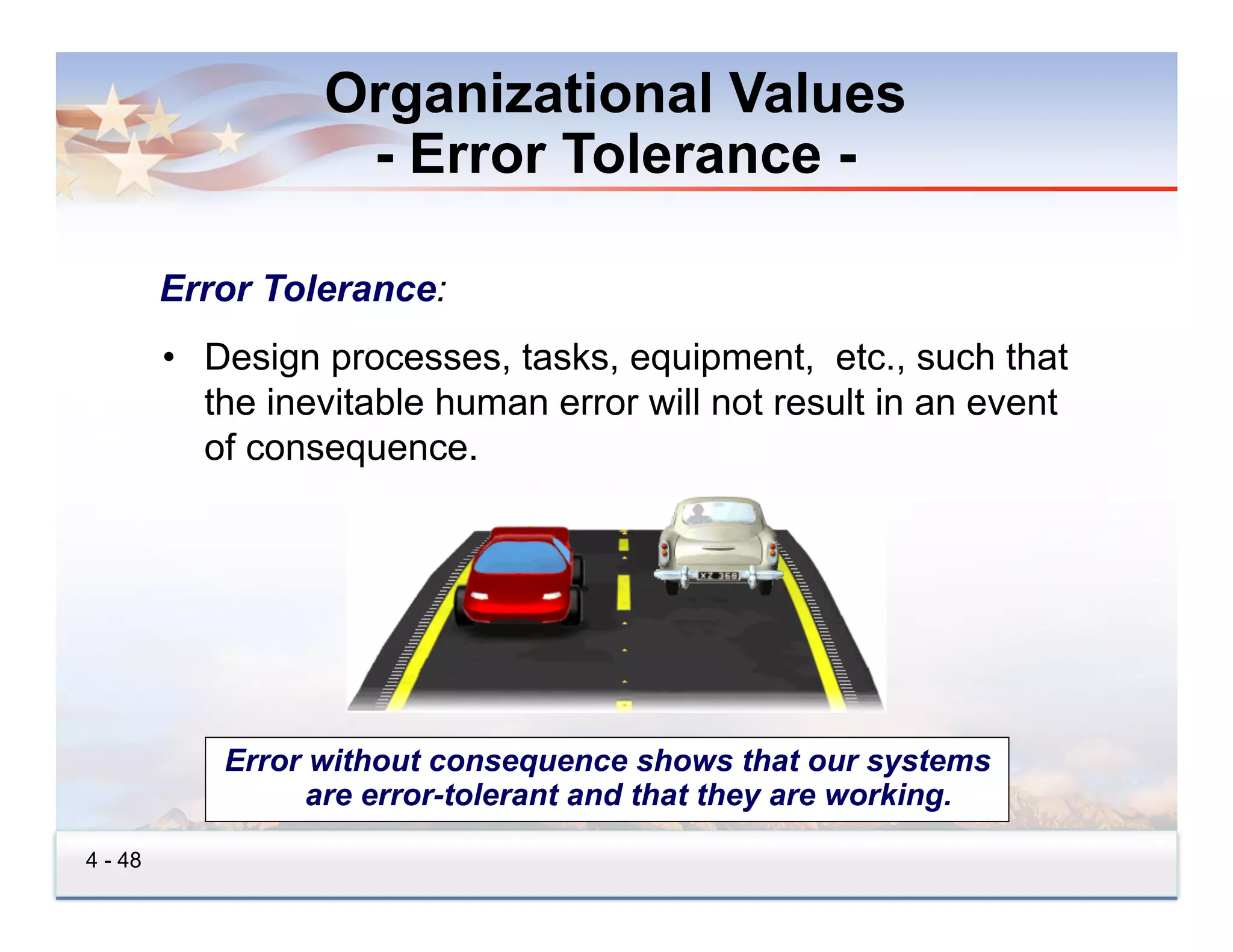 Organizational Values
                    - Error Tolerance -

         Error Tolerance:
         •  Design processes, tasks, equipment, etc., such that
            the inevitable human error will not result in an event
            of consequence.




            Error without consequence shows that our systems
                  are error-tolerant and that they are working.
4 - 48
 