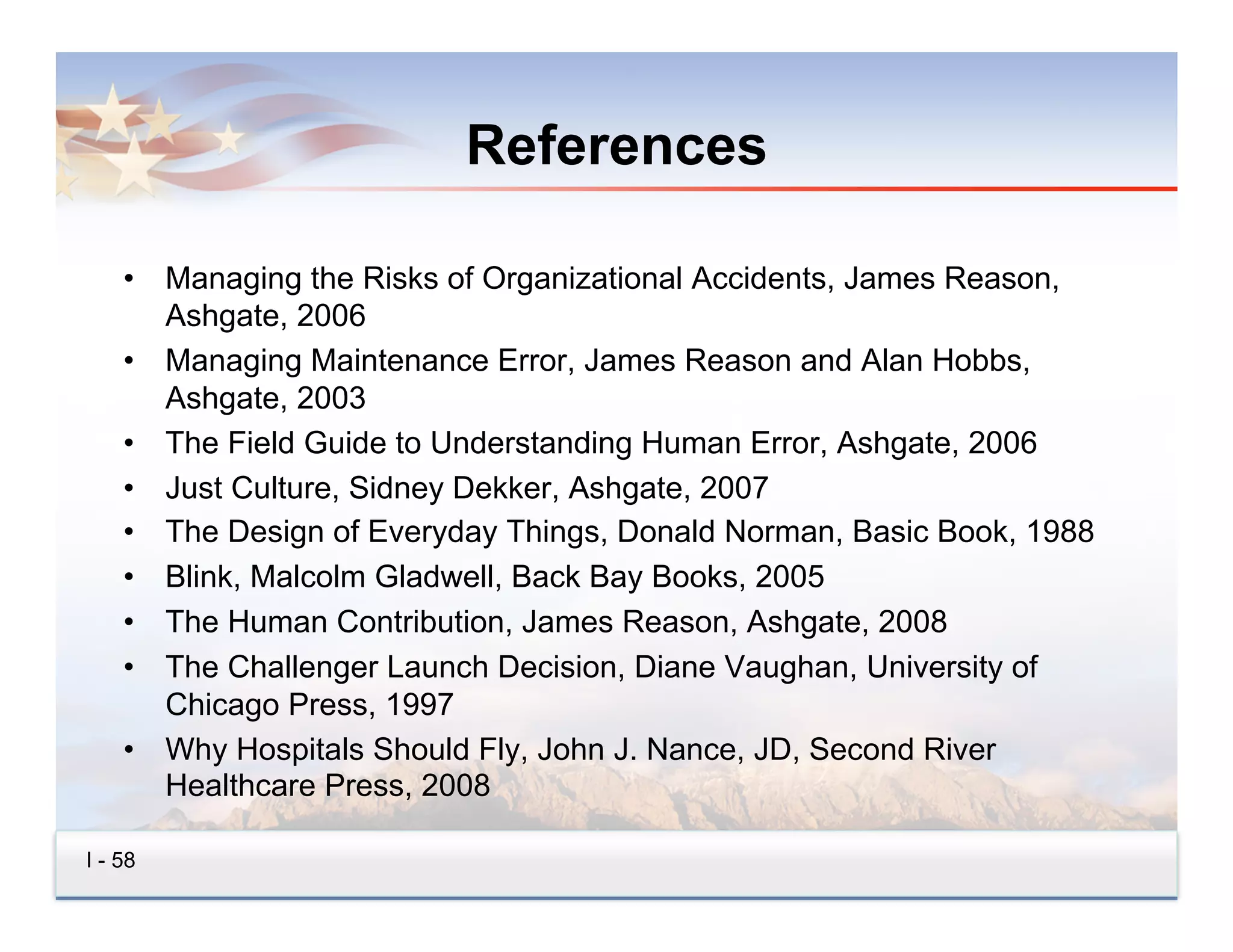 References

    •  Managing the Risks of Organizational Accidents, James Reason,
       Ashgate, 2006
    •  Managing Maintenance Error, James Reason and Alan Hobbs,
       Ashgate, 2003
    •  The Field Guide to Understanding Human Error, Ashgate, 2006
    •  Just Culture, Sidney Dekker, Ashgate, 2007
    •  The Design of Everyday Things, Donald Norman, Basic Book, 1988
    •  Blink, Malcolm Gladwell, Back Bay Books, 2005
    •  The Human Contribution, James Reason, Ashgate, 2008
    •  The Challenger Launch Decision, Diane Vaughan, University of
       Chicago Press, 1997
    •  Why Hospitals Should Fly, John J. Nance, JD, Second River
       Healthcare Press, 2008

I - 58
 