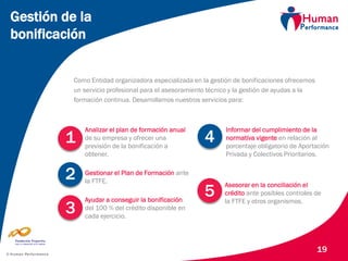 © Human Performance
19
Como Entidad organizadora especializada en la gestión de bonificaciones ofrecemos
un servicio profesional para el asesoramiento técnico y la gestión de ayudas a la
formación continua. Desarrollamos nuestros servicios para:
Analizar el plan de formación anual
de su empresa y ofrecer una
previsión de la bonificación a
obtener.
Gestionar el Plan de Formación ante
la FTFE.
Ayudar a conseguir la bonificación
del 100 % del crédito disponible en
cada ejercicio.
Informar del cumplimiento de la
normativa vigente en relación al
porcentaje obligatorio de Aportación
Privada y Colectivos Prioritarios.
Gestión de la
bonificación
Asesorar en la conciliación el
crédito ante posibles controles de
la FTFE y otros organismos.
1
2
3
4
5
 