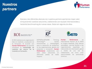 © Human Performance
21
Nuestros
partners
Gracias a las diferentes alianzas con nuestros partners aportamos mayor valor
enriqueciendo nuestras soluciones, colaborando con equipos internacionales y
haciendo benchmarking de nuevas ideas. Estos son algunos de ellos:
El ROI Institute es la organización
líder en medición y evaluación de
la formación. El acuerdo con
Human Performance nos permite
incorporar la metodología de
medición del retorno de la
inversión en formación.
KEPNERandFOURIE Thinking
Technology™ facilita
herramientas y metodologías
para la resolución de problemas
en las organizaciones, gestión de
proyectos e innovación. Human
Performance implementa con
éxito estas soluciones en
diferentes países de habla
hispana.
Human Performance es
International Partner de la ASTD
en lengua española. Esta alianza
estratégica permite facilitar a las
organizaciones españolas un
intercambio de información global
a través de una red de
colaboración, así como crear
oportunidades de aprendizaje
continuo.
 