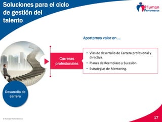 © Human Performance 17
Aportamos valor en …
Soluciones para el ciclo
de gestión del
talento
Desarrollo de
carrera
Carreras
profesionales
• Vías de desarrollo de Carrera profesional y
directiva.
• Planes de Reemplazo y Sucesión.
• Estrategias de Mentoring.
 