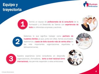 © Human Performance
Sabemos lo que significa trabajar como partners de
nuestros clientes ya que, junto con ellos, hemos acumulado
experiencia y casos de éxito durante más de veinte años en
las más importantes organizaciones españolas y
latinoamericanas.
Somos un equipo de profesionales de la consultoría de la
Formación y el Desarrollo de Talento con experiencias de
éxito en diferentes empresas y sectores.
Nuestra experiencia como consultores en desarrollo
organizacional y formadores, tanto a nivel nacional como
internacional, nos permite responder a retos ambiciosos.
4
1
2
3
Equipo y
trayectoria
 