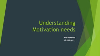 Understanding
Motivation needs
Nur Indrawati
17.002.00.11
 