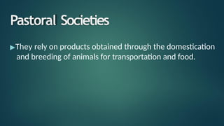 Pastoral Societies
▶They rely on products obtained through the domestication
and breeding of animals for transportation and food.
 