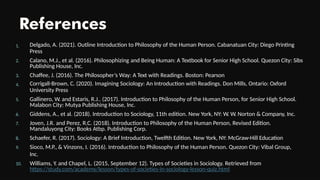 1. Delgado, A. (2021). Outline Introduction to Philosophy of the Human Person. Cabanatuan City: Diego Printing
Press
2.
3.
4.
5.
6.
7.
8.
9.
Calano, M.J., et al. (2016). Philosophizing and Being Human: A Textbook for Senior High School. Quezon City: Sibs
Publishing House, Inc.
Chaffee, J. (2016). The Philosopher’s Way: A Text with Readings. Boston: Pearson
Corrigall-Brown, C. (2020). Imagining Sociology: An Introduction with Readings. Don Mills, Ontario: Oxford
University Press
Gallinero, W. and Estaris, R.J.. (2017). Introduction to Philosophy of the Human Person, for Senior High School.
Malabon City: Mutya Publishing House, Inc.
Giddens, A., et al. (2018). Introduction to Sociology, 11th edition. New York, NY: W. W. Norton & Company, Inc.
Joven, J.R. and Perez, R.C. (2018). Introduction to Philosophy of the Human Person, Revised Edition.
Mandaluyong City: Books Atbp. Publishing Corp.
Schaefer, R. (2017). Sociology: A Brief Introduction, Twelfth Edition. New York, NY: McGraw-Hill Education
Sioco, M.P., & Vinzons, I. (2016). Introduction to Philosophy of the Human Person. Quezon City: Vibal Group,
Inc.
10. Williams, Y. and Chapel, L. (2015, September 12). Types of Societies in Sociology. Retrieved from
https://study.com/academy/lesson/types-of-societies-in-sociology-lesson-quiz.html
 