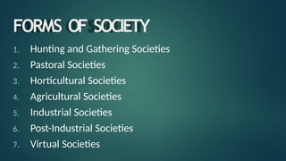 FORMS OF SOCIETY
1. Hunting and Gathering Societies
2. Pastoral Societies
3. Horticultural Societies
4. Agricultural Societies
5. Industrial Societies
6. Post-Industrial Societies
7. Virtual Societies
 