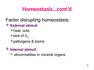 Homeostasis…cont’d
Factor disrupting homeostasis:
 External stimuli
heat, cold,
lack of 02,
pathogens & toxins
 Internal stimuli
 abnormalities in visceral organs
13
 