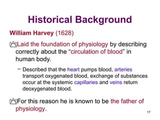 Historical Background
William Harvey (1628)
Laid the foundation of physiology by describing
correctly about the “circulation of blood” in
human body.
– Described that the heart pumps blood, arteries
transport oxygenated blood, exchange of substances
occur at the systemic capillaries and veins return
deoxygenated blood.
For this reason he is known to be the father of
physiology. 17
 