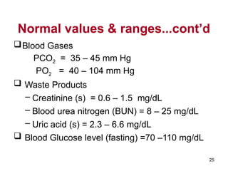 Normal values & ranges...cont’d
Blood Gases
PCO2 = 35 – 45 mm Hg
PO2 = 40 – 104 mm Hg
 Waste Products
– Creatinine (s) = 0.6 – 1.5 mg/dL
– Blood urea nitrogen (BUN) = 8 – 25 mg/dL
– Uric acid (s) = 2.3 – 6.6 mg/dL
 Blood Glucose level (fasting) =70 –110 mg/dL
25
 