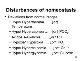 Disturbances of homeostasis
• Deviations from normal ranges
–Hypo/ Hyperthermia ….. ↓or↑
Temperature
–Hypo/ Hypercapnea ….. ↓or↑ PCO2
–Acidosis/Alkalosis ….. ↓or↑ PH
–Hypoxia/ Hyperoxia …. ↓or↑ PO2
–Hypo/ Hypercalcemia …. ↓or↑ Ca 2+
–Hypo/ Hyperglycemia … ↓or↑ Glucose
28
 