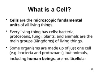 What is a Cell?
• Cells are the microscopic fundamental
units of all living things.
• Every living thing has cells: bacteria,
protozoans, fungi, plants, and animals are the
main groups (Kingdoms) of living things.
• Some organisms are made up of just one cell
(e.g. bacteria and protozoans), but animals,
including human beings, are multicellular.
45
 
