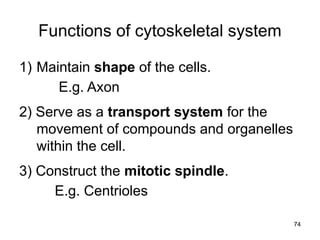 Functions of cytoskeletal system
1) Maintain shape of the cells.
E.g. Axon
2) Serve as a transport system for the
movement of compounds and organelles
within the cell.
3) Construct the mitotic spindle.
E.g. Centrioles
74
 