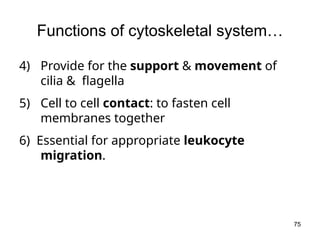 Functions of cytoskeletal system…
4) Provide for the support & movement of
cilia & flagella
5) Cell to cell contact: to fasten cell
membranes together
6) Essential for appropriate leukocyte
migration.
75
 