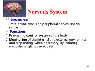 Nervous System
 Structures:
~ Brain, spinal cord, and peripheral nerves, special
sense
 Functions:
1. Fast-acting control system of the body
2. Monitoring of the internal and external environment
and responding (when necessary) by initiating
muscular or glandular activity.
86
 