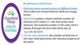 The Behaviour of Electrons
• Electrons move around nucleus at different levels.
Their orbits are termed electron shells (or energy
levels).
• Each shell contains a fixed maximal number of
electrons (2n2) where n = the level of the shell.
However, the maximal number in the outer shell is
always 8 (except the first shell which has 2).
E.g. 2) 8) 18) 32) 8)
• For the main elements, the number of electrons in
the outer shell determines the chemical property of
the atom.
 