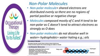 Non-Polar Molecules
• Non-polar molecule= shared electrons are
distributed evenly so there are no regions of
partial positive or negative charge
• Molecules composed mostly of C and H tend to be
non-polar as C doesn’t tend to attract electrons as
strongly as O does
• Non-polar molecules do not dissolve well in
water= hydrophobic= water hating e.g.; oils
 
