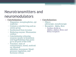 Neurotransmitters and neuromodulatorsCatecholaminesDopamine, norepinephrine, epinephrineContain a catechol ring and an amine groupSynthesized from tyrosineReducing enzyme: Monoamine oxidase Catecholamine releasing neurons mostly in brainstem and hypothalamus but axons go to all parts of the CNSFunction: state of consciousness, mood, motivation, directed attention, movement, blood-pressure regulation, and hormone releaseCatecholaminesFibers: adrenergic, noradrenergicReceptors:  Alpha, BetaFurther divide in Alpha1, alpha2, Beta1 and Beta2 receptors