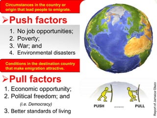 Push factors
1. No job opportunities;
2. Poverty;
3. War; and
4. Environmental disasters
Circumstances in the country or
origin that lead people to emigrate.
Pull factors
1. Economic opportunity;
2. Political freedom; and
(i.e. Democracy)
3. Better standards of living
Conditions in the destination country
that make emigration attractive.
ReportofJamaicaOlazo
 