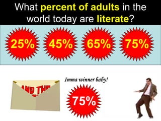 What percent of adults in the
world today are literate?
25% 45% 65% 75%
Imma winner baby!
75%
 