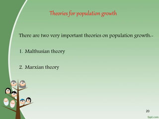 20
Theories for population growth
There are two very important theories on population growth:-
1. Malthusian theory
2. Marxian theory
 