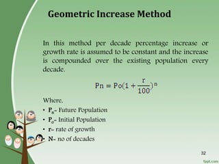 32
Geometric Increase Method
In this method per decade percentage increase or
growth rate is assumed to be constant and the increase
is compounded over the existing population every
decade.
Where,
• Pn= Future Population
• Po= Initial Population
• r= rate of growth
• N= no of decades
 