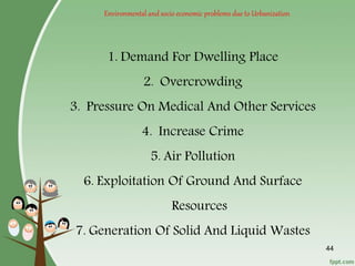 44
Environmental and socio economic problems due to Urbanization
1. Demand For Dwelling Place
2. Overcrowding
3. Pressure On Medical And Other Services
4. Increase Crime
5. Air Pollution
6. Exploitation Of Ground And Surface
Resources
7. Generation Of Solid And Liquid Wastes
 