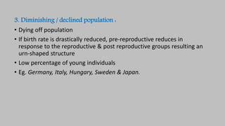 3. Diminishing / declined population :
• Dying off population
• If birth rate is drastically reduced, pre-reproductive reduces in
response to the reproductive & post reproductive groups resulting an
urn-shaped structure
• Low percentage of young individuals
• Eg. Germany, Italy, Hungary, Sweden & Japan.
 