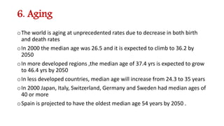 6. Aging
oThe world is aging at unprecedented rates due to decrease in both birth
and death rates
oIn 2000 the median age was 26.5 and it is expected to climb to 36.2 by
2050
oIn more developed regions ,the median age of 37.4 yrs is expected to grow
to 46.4 yrs by 2050
oIn less developed countries, median age will increase from 24.3 to 35 years
oIn 2000 Japan, Italy, Switzerland, Germany and Sweden had median ages of
40 or more
oSpain is projected to have the oldest median age 54 years by 2050 .
 