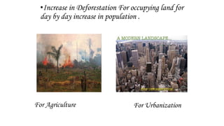 •Increase in Deforestation For occupying land for
day by day increase in population .
For Agriculture For Urbanization
 