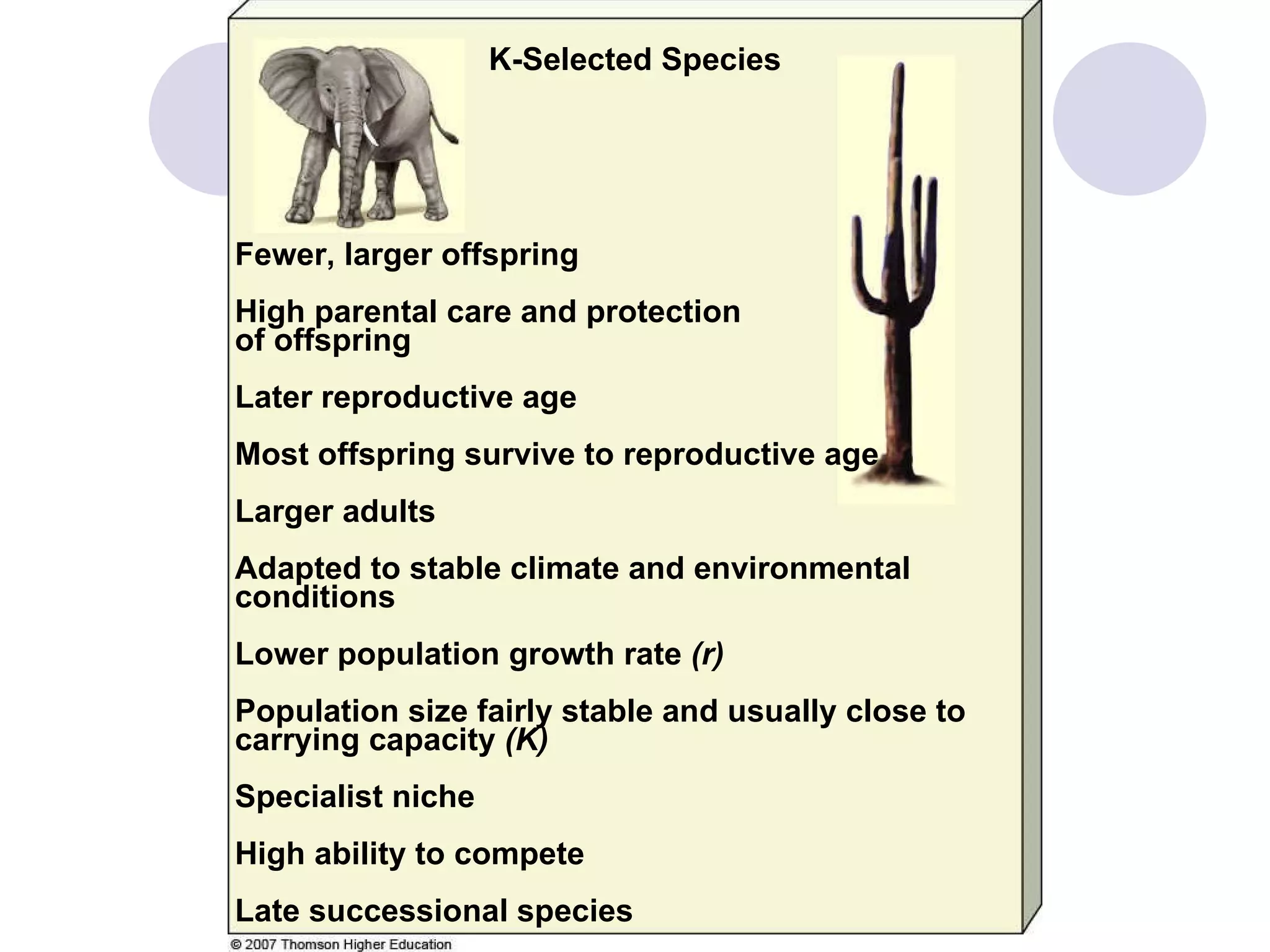 Fewer, larger offspring High parental care and protection  of offspring Later reproductive age Most offspring survive to reproductive age Larger adults Adapted to stable climate and environmental conditions Lower population growth rate  (r) Population size fairly stable and usually close to carrying capacity  (K) Specialist niche High ability to compete Late successional species K-Selected Species 