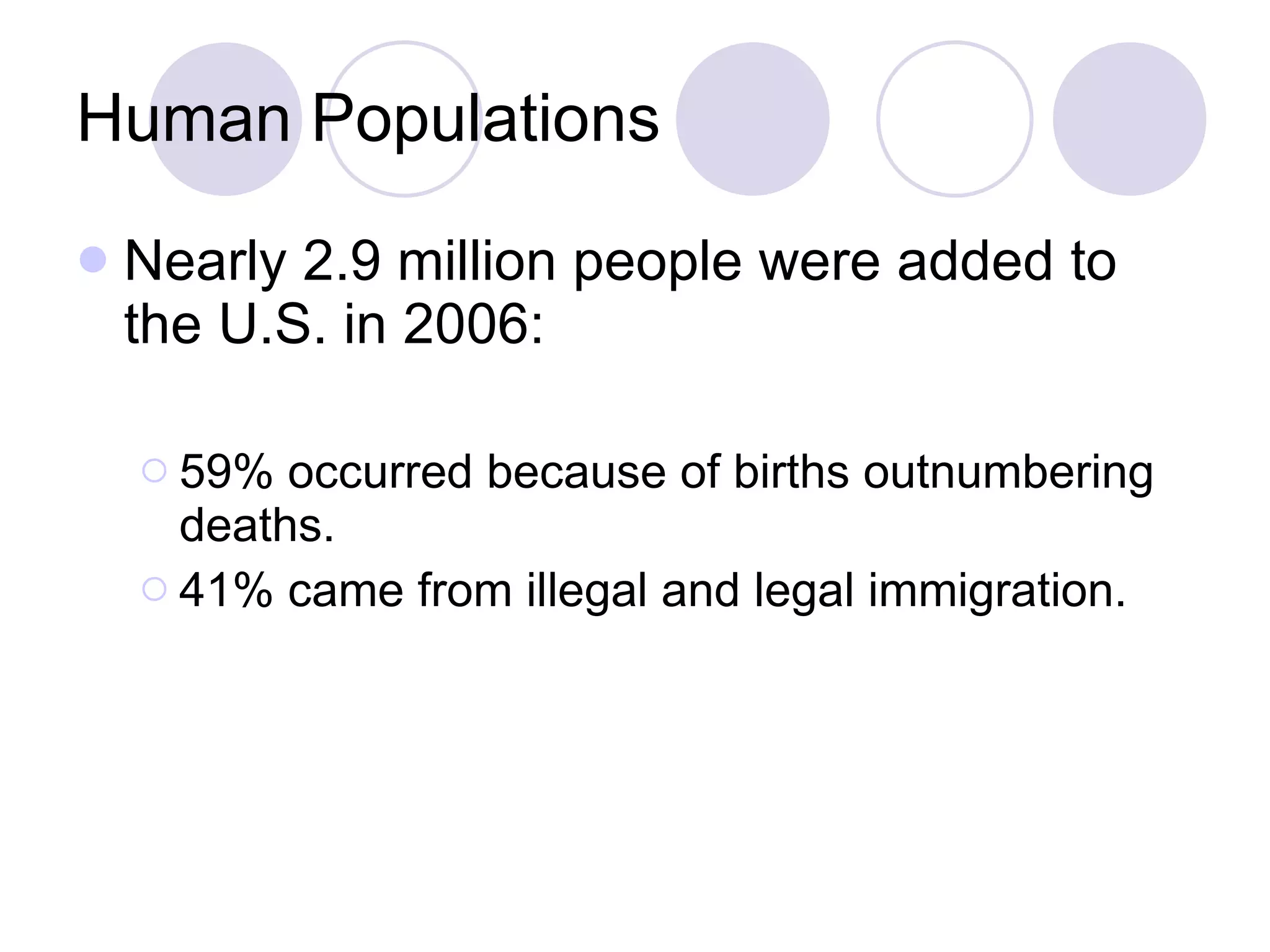 Human Populations Nearly 2.9 million people were added to the U.S. in 2006: 59% occurred because of births outnumbering deaths. 41% came from illegal and legal immigration. 