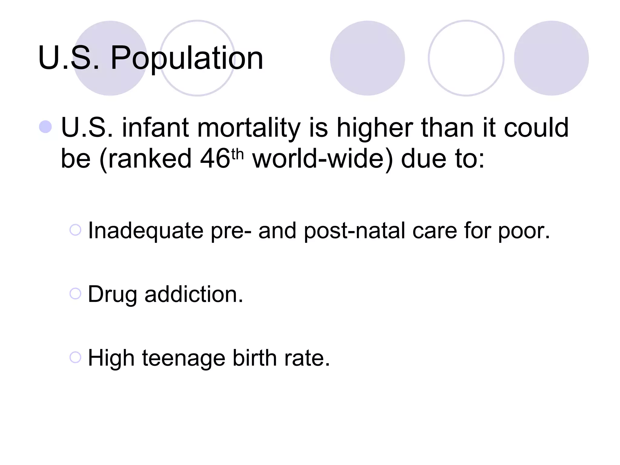 U.S. Population U.S. infant mortality is higher than it could be (ranked 46 th  world-wide) due to: Inadequate pre- and post-natal care for poor. Drug addiction. High teenage birth rate. 