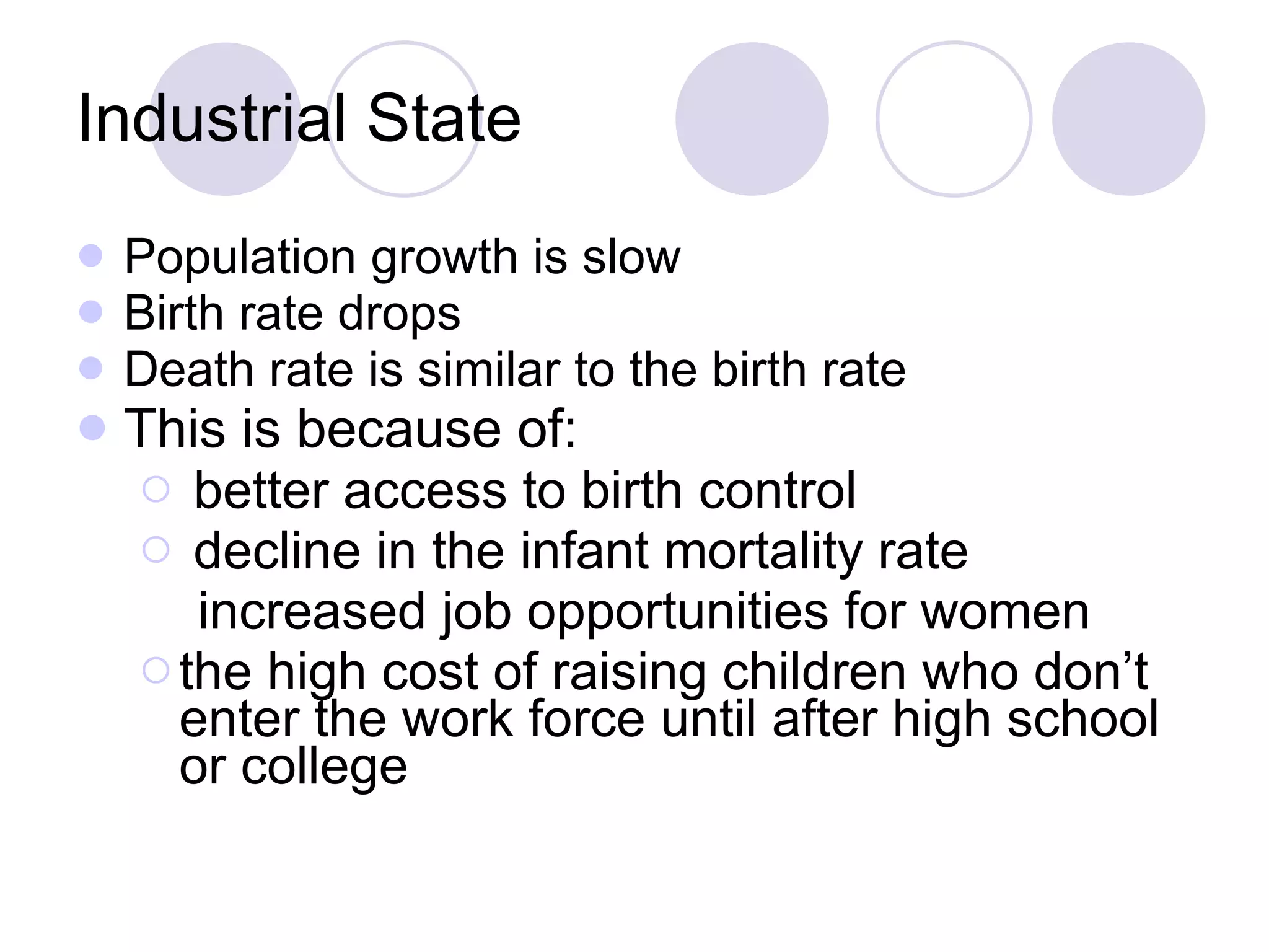 Industrial State Population growth is slow Birth rate drops Death rate is similar to the birth rate This is because of: better access to birth control decline in the infant mortality rate  increased job opportunities for women  the high cost of raising children who don’t enter the work force until after high school or college 