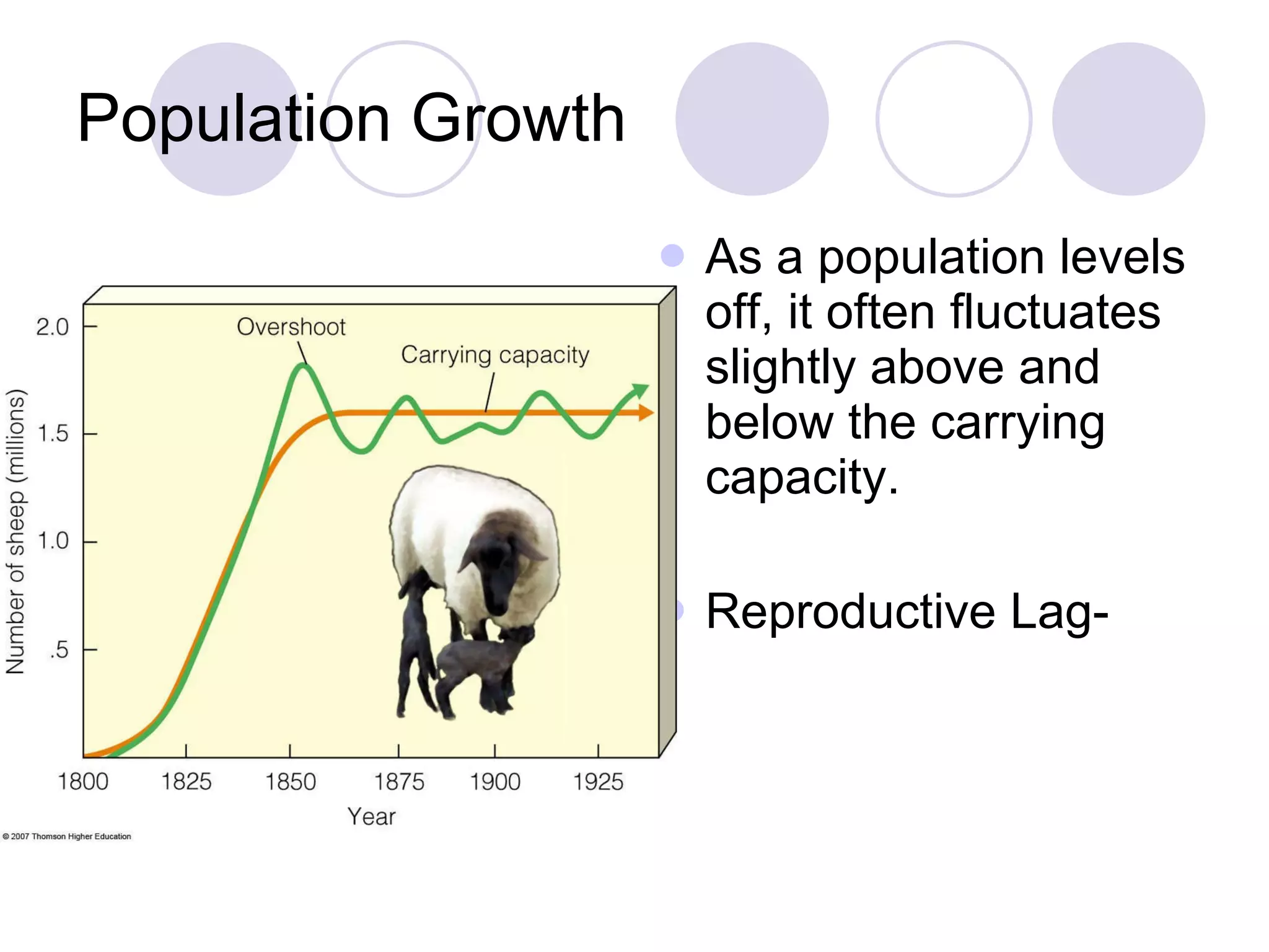 Population Growth As a population levels off, it often fluctuates slightly above and below the carrying capacity. Reproductive Lag- 