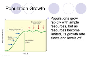 Population Growth Populations grow rapidly with ample resources, but as resources become limited, its growth rate slows and levels off. 