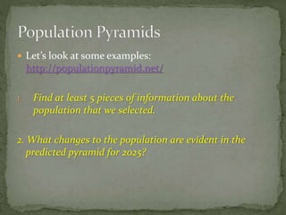  Let’s look at some examples:
http://populationpyramid.net/
1. Find at least 5 pieces of information about the
population that we selected.
2. What changes to the population are evident in the
predicted pyramid for 2025?
 