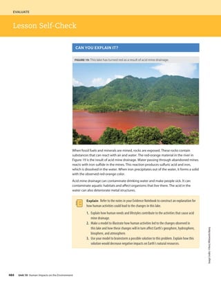 EVALUATE
Image
Credits:
©Kerry
Whitworth/Alamy
Lesson Self-Check
FIGURE 19: This lake has turned red as a result of acid mine drainage.
When fossil fuels and minerals are mined, rocks are exposed. These rocks contain
substances that can react with air and water. The red-orange material in the river in
Figure 19 is the result of acid mine drainage. Water passing through abandoned mines
reacts with iron sulfide in the mines. This reaction produces sulfuric acid and iron,
which is dissolved in the water. When iron precipitates out of the water, it forms a solid
with the observed red-orange color.
Acid mine drainage can contaminate drinking water and make people sick. It can
contaminate aquatic habitats and affect organisms that live there. The acid in the
water can also deteriorate metal structures.
Explain Refer to the notes in your Evidence Notebook to construct an explanation for
how human activities could lead to the changes in this lake.
1. Explain how human needs and lifestyles contribute to the activities that cause acid
mine drainage.
2. Make a model to illustrate how human activities led to the changes observed in
this lake and how these changes will in turn affect Earth’s geosphere, hydrosphere,
biosphere, and atmosphere.
3. Use your model to brainstorm a possible solution to this problem. Explain how this
solution would decrease negative impacts on Earth’s natural resources.
CAN YOU EXPLAIN IT?
484 Unit 10 Human Impacts on the Environment
 