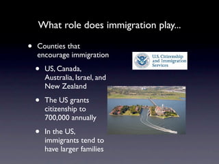 What role does immigration play...

•   Counties that
    encourage immigration

    •   US, Canada,
        Australia, Israel, and
        New Zealand

    •   The US grants
        citizenship to
        700,000 annually

    •   In the US,
        immigrants tend to
        have larger families
 