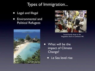 Types of Immigration...

•   Legal and Illegal

•   Environmental and
    Political Refugees


                                                   Somali family shops at the
                                                 Mogadishu Store in Lewiston, ME




                                 •   What will be the
                                     impact of Climate
                                     Change?

            Seychelles Islands
                                     •   i.e Sea level rise
 
