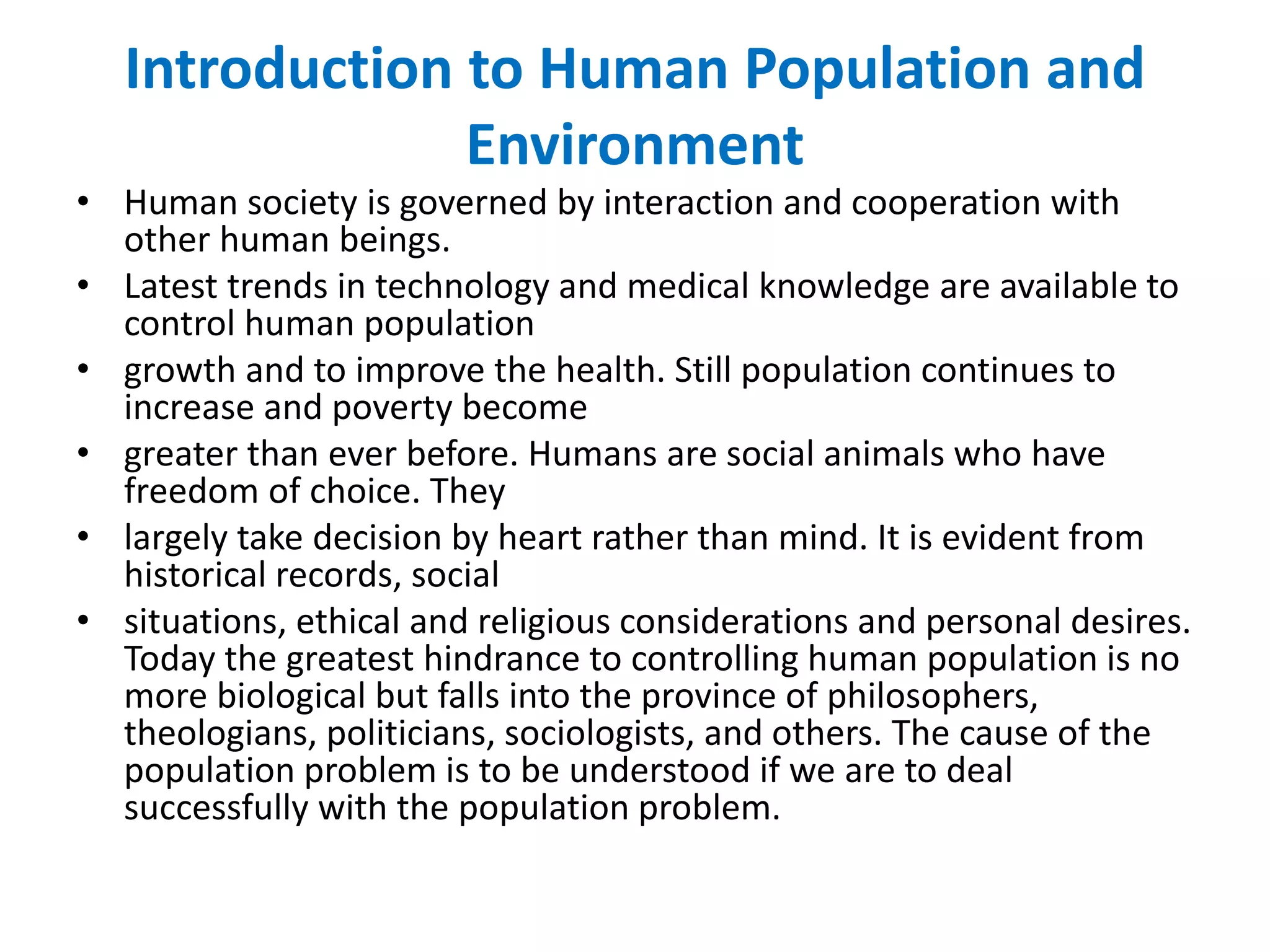Human population, population issues, population growth curvue, factors ...