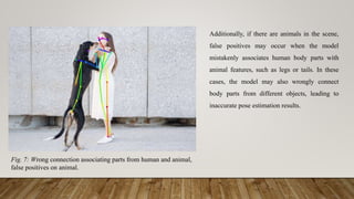 Fig. 7: Wrong connection associating parts from human and animal,
false positives on animal.
Additionally, if there are animals in the scene,
false positives may occur when the model
mistakenly associates human body parts with
animal features, such as legs or tails. In these
cases, the model may also wrongly connect
body parts from different objects, leading to
inaccurate pose estimation results.
 