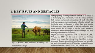 6. KEY ISSUES AND OBSTACLES
Fig 9: Human pose identified accurately for
human animal image.
a) Segregating human pose from animals in an image is
a challenging task, particularly when the image contains
both humans and animals interacting with each other. The
task becomes even more challenging when the animals are
in similar poses to humans or when they have similar
body structures. One approach to segregating human pose
from animals in an image is to use object detection
techniques. Animals segregated in above images and only
human pose identified accurately.
Object detection algorithms such as Faster R-CNN,
YOLO, and SSD can be used to detect and localize
objects in an image. By training these algorithms on large,
annotated datasets containing both humans and animals,
the algorithms can learn to differentiate between humans
and animals and accurately detect and classify them.
 