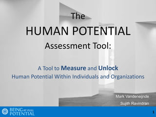 1
The
HUMAN POTENTIAL
Assessment Tool:
A Tool to Measure and Unlock
Human Potential Within Individuals and Organizations
Mark Vandeneijnde
Sujith Ravindran
 