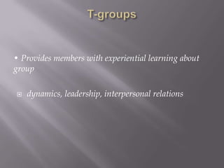 • Provides members with experiential learning about
group

   dynamics, leadership, interpersonal relations
 