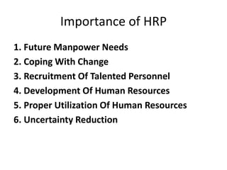 Importance of HRP
1. Future Manpower Needs
2. Coping With Change
3. Recruitment Of Talented Personnel
4. Development Of Human Resources
5. Proper Utilization Of Human Resources
6. Uncertainty Reduction
 