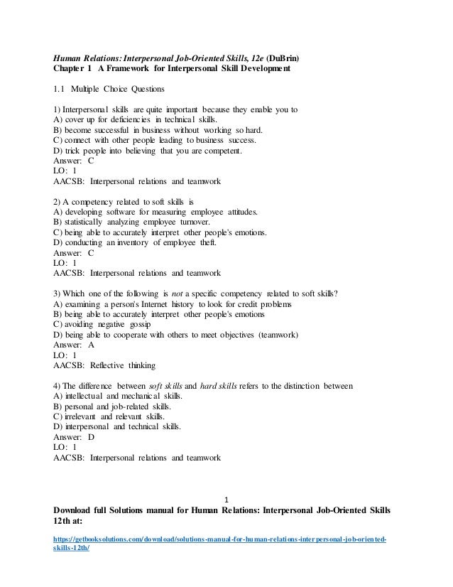 solutions manual for human relations interpersonal job oriented ski job related skills