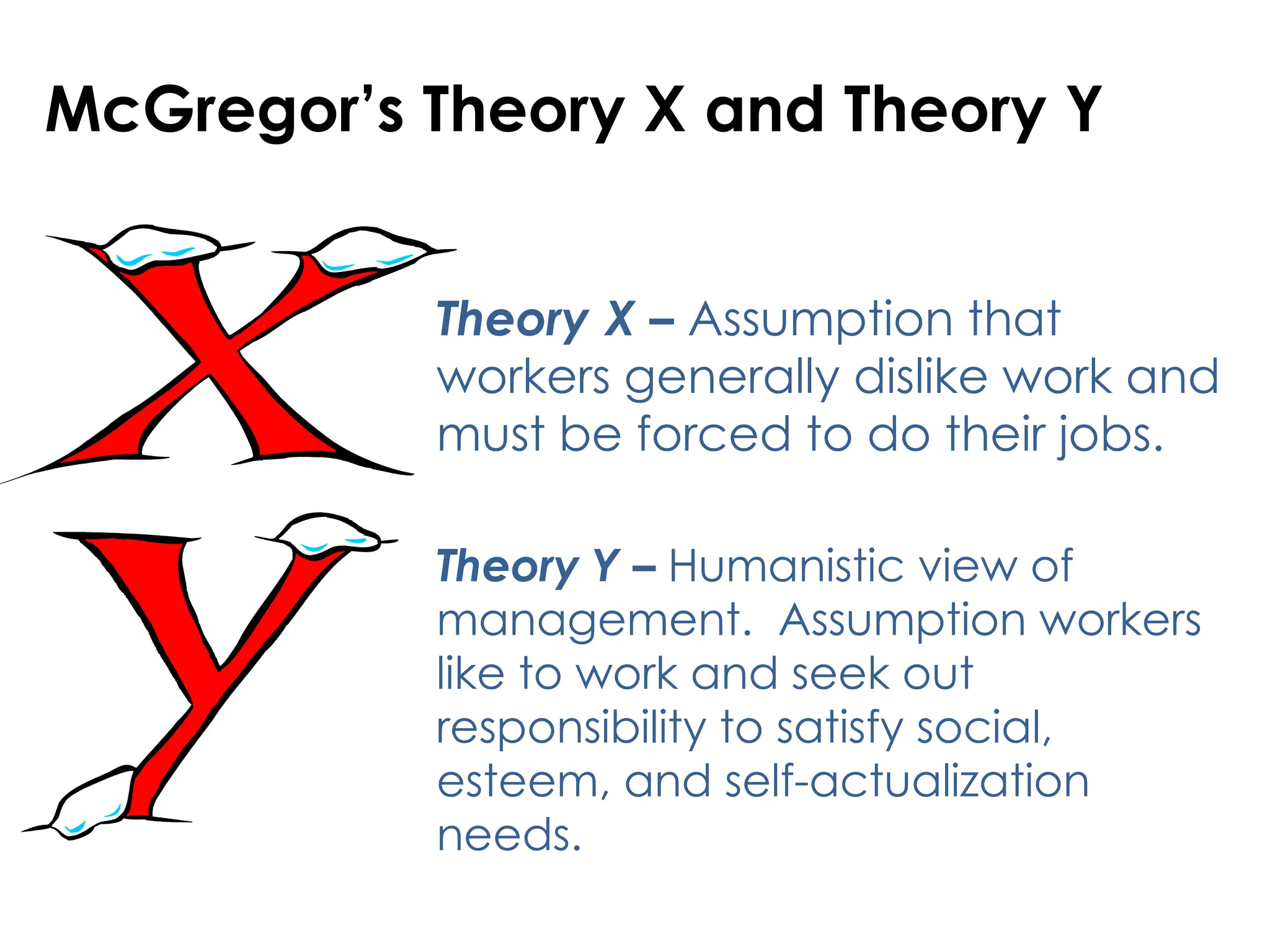 McGregor’s Theory X and Theory Y
Theory X – Assumption that
workers generally dislike work and
must be forced to do their jobs.
Theory Y – Humanistic view of
management. Assumption workers
like to work and seek out
responsibility to satisfy social,
esteem, and self-actualization
needs.
 